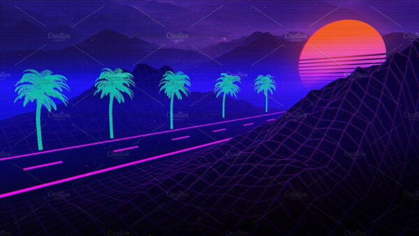 Wallpaper Palm, Vaporwave, Moon, Road, Mountain, Starry, Trees, Sky, Sunset