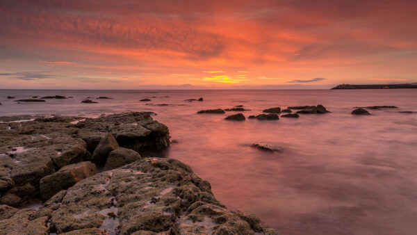 Wallpaper Sunset, Background, During, Nature, Silhouette, Ocean, Water, Stones, Rocks