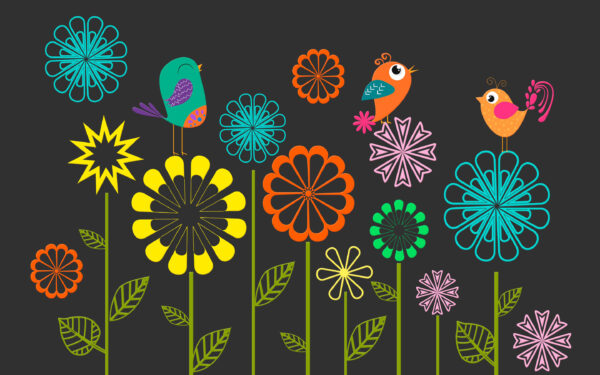 Wallpaper Colorful, Flowers, Vector, Birds