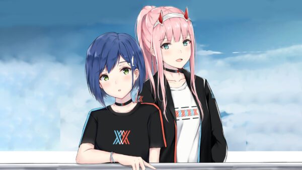 Wallpaper Zero, Ichigo, Dress, And, Darling, Wearing, Sky, Two, With, The, Anime, Desktop, Background, Clouds, Black, Blue, FranXX