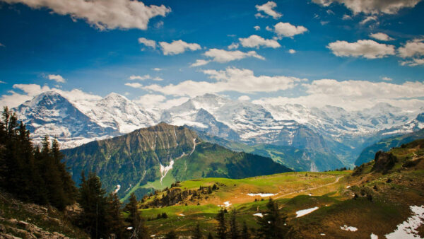 Wallpaper Under, Mobile, View, Mountains, Blue, Cloudy, Sky, Covered, Long, Nature, Green, Desktop, White