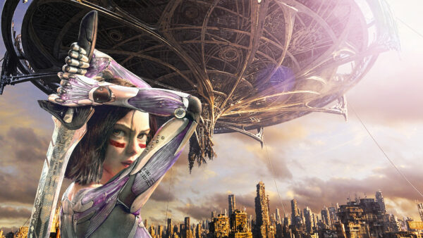 Wallpaper Sword, Sky, Spaceship, With, Angel, Holding, Desktop, Buildings, Background, And, Back, Alita, Movies, Battle, Cloudy