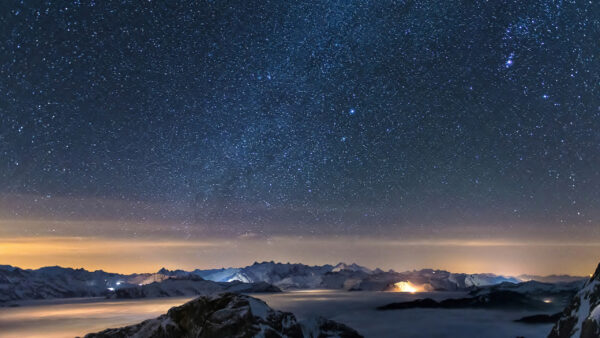 Wallpaper Sunset, Space, Mountain, With, Blue, Desktop, Covered, Sky, Above, Stars, Snow, The