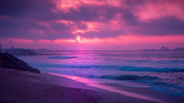 Wallpaper Purple, Clouds, Desktop, Waves, Sky, Mobile, During, Beach, Sunset, Sand, Under, Aerial, View, White, Ocean