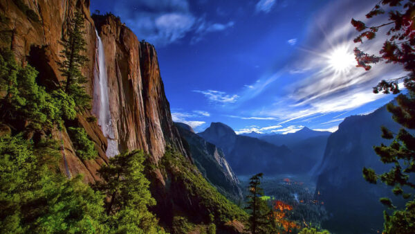 Wallpaper Trees, Blue, Green, Nature, Mountain, Under, Sunlight, Rock, Waterfall, Red, Sky, From