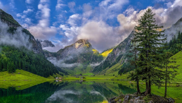 Wallpaper Blue, Landscape, Fog, Under, With, Mountains, Beautiful, Reflection, Cloudy, River, Nature, Surrounded, View, Sky