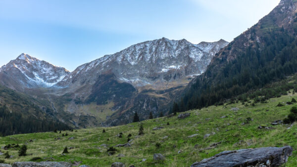 Wallpaper Green, Mobile, Covered, Sky, Blue, Nature, Landscape, Snow, Grass, Trees, Background, Mountains, Desktop, Slope, View