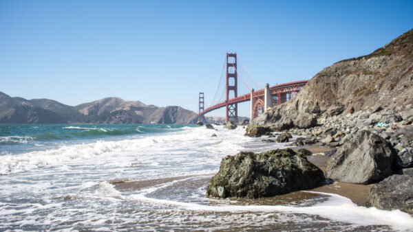 Wallpaper Under, Nature, Ocean, Blue, Mobile, Rocks, Bridge, View, Waves, Mountains, Landscape, Stones, Desktop, Sky