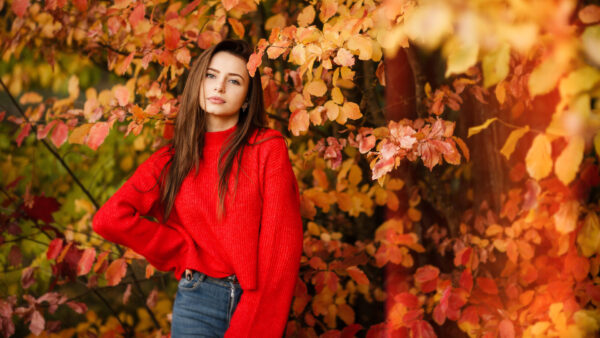 Wallpaper Girl, Yellow, Girls, Leaves, Top, Background, Trees, Red, Standing, Wearing, Blue, Model, And, Jeans