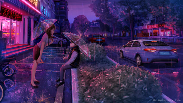 Wallpaper Vehicles, With, Rainfall, Girl, Umbrella, Anime, Boy