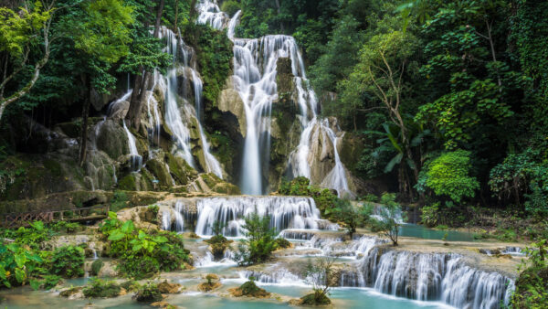 Wallpaper Beautiful, Waterfalls, Trees, Plants, Stream, Bushes, Green, Background, Nature, Scenery