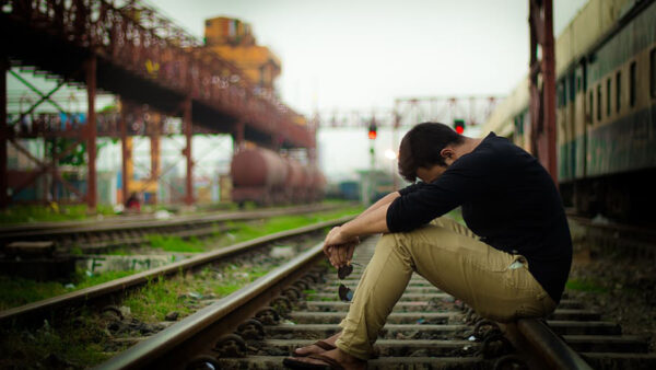 Wallpaper Black, Sitting, Man, Wearing, Looking, Track, Alone, Depression, Brown, Sad, Railway, Dress