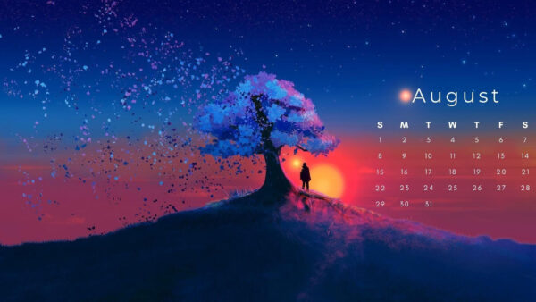 Wallpaper Stars, Calender, Pink, Background, Blue, Trees, Man, Sky, August