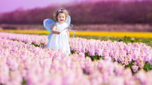 Wallpaper Background, Girl, Cute, Flowes, Standing, Middle, Fairy, Colorful, Wearing, White, Dress, Angel, Desktop, Little, Blur