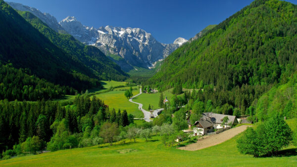 Wallpaper Slope, Sky, View, Houses, Desktop, Mountains, Aerial, Trees, Under, Mobile, Road, Nature, Green, Blue