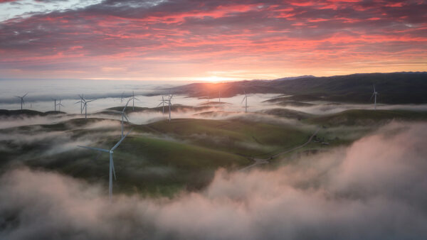 Wallpaper Nature, Under, Mobile, During, Fog, And, Black, Red, Desktop, Turbine, Sky, Wind, With, Clouds, Sunset, Mountains