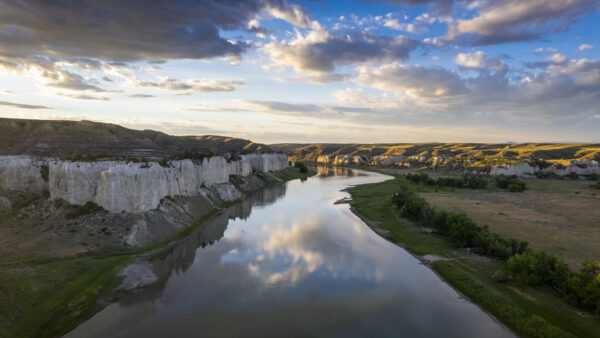 Wallpaper Green, River, Grass, Field, Rocks, Clouds, And, Blue, Between, Nature, Mobile, Under, Sky, Desktop, White