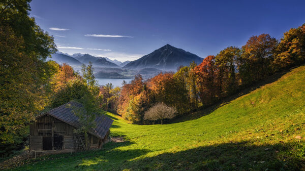 Wallpaper Mountains, River, Autumn, Trees, Leaves, Slope, Sky, Nature, Under, House, Field, Background, Wood, Colorful, Grass, Blue