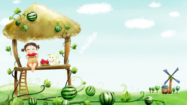 Wallpaper Girl, And, Are, Eating, Cartoon, Dog, Watermelon