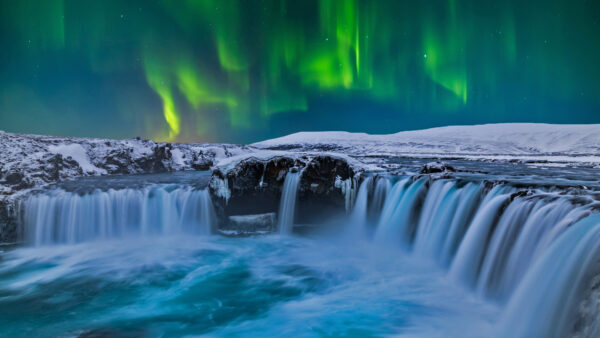 Wallpaper Iceland, Sky, Northern, Waterfall, Under, Frozen, Desktop, Aurora, Lights, Borealis, Water, Starry, Nature, Mobile