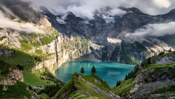 Wallpaper With, Rock, Daytime, Fog, Landscape, Greenery, During, Lake, View, Mountain, Mountains