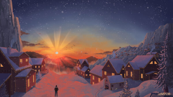 Wallpaper Snow, Minimalism, Sunrise, Sky, Artistic, With, Minimalist, Winter, Houses, Blue