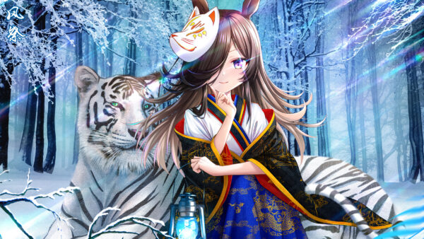 Wallpaper Snow, White, Tiger, Forest, Girl, Mask, Background, With, Anime