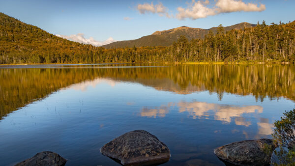 Wallpaper Forest, Sky, Stones, Desktop, Blue, Mobile, Surrounded, Lake, Reflection, Under, Mountains, Background, Water, Nature, Trees