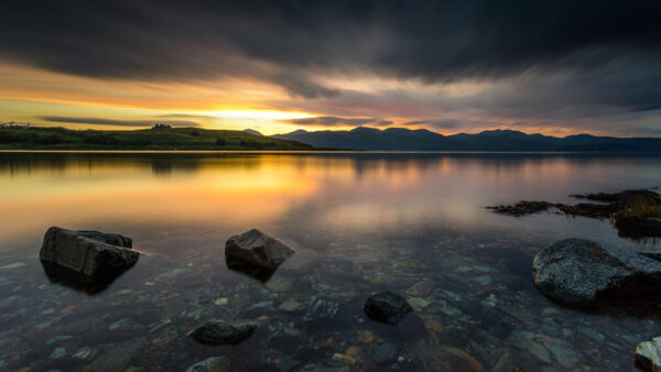 Wallpaper With, Landscape, Reflection, Mountains, Lake, Nature, During, Sunset, Clouds, Under, Sky, Black, View, Snow, Greenery