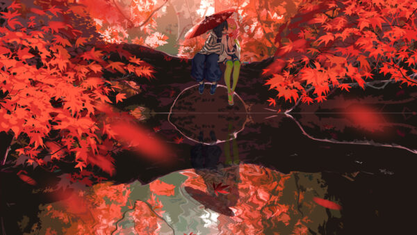 Wallpaper Kanroji, Near, Trees, Mitsuri, Desktop, Slayer, With, Leaves, Obanai, Water, Demon, Iguro, Around, Anime, Sitting, Red, Parasol
