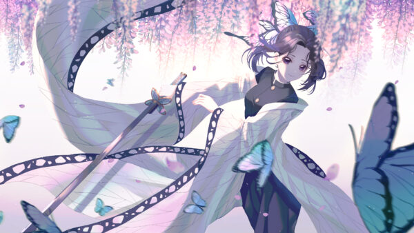 Wallpaper Demon, With, Purple, White, Shinobu, Background, And, Desktop, Kochou, Slayer, Sword, Flowers, Anime