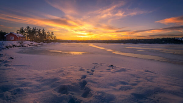 Wallpaper Sunset, Snow, Desktop, Seashore, Nature, Winter, During