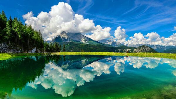 Wallpaper Beautiful, Under, River, Green, Rock, Sky, Field, Blue, Clouds, View, Mountains, Landscape, White, Trees, Grass, Scenery, Reflection