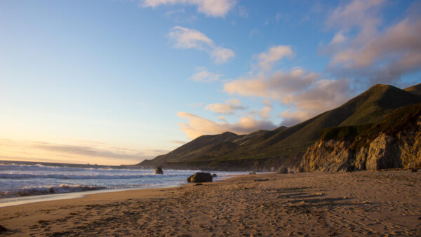 Wallpaper Blue, Landscape, Waves, Under, Daytime, Sky, Greenery, Sand, Mobile, Ocean, Beach, Desktop, Mountain, During, View, Nature