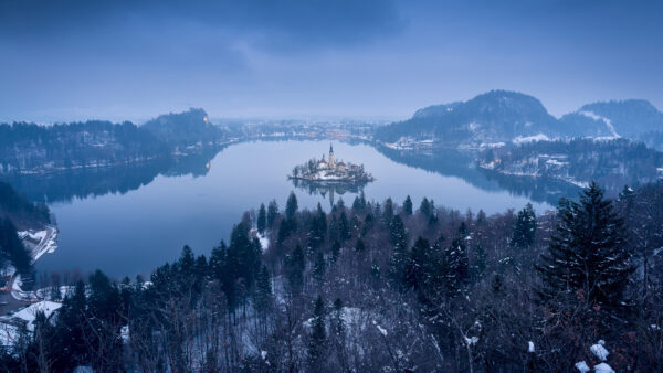 Wallpaper Winter, Mary, Lake, Slovenia, Fog, Bled, Church, Island, Assumption, Nature