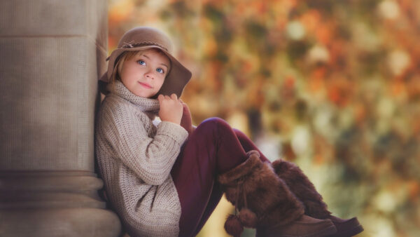 Wallpaper Colorful, Cute, Top, Desktop, Blur, Eyes, And, Background, Woolen, Wearing, Leaves, Grey, Little, Girl, Knitted, Cap