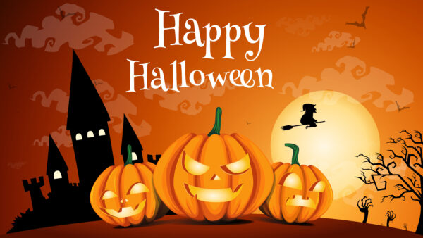 Wallpaper Halloween, Moon, Pumpkins, Witch, Castle, Happy, Jack-O-Lantern