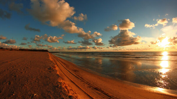 Wallpaper Sand, Sky, Sunrise, White, Beach, Ocean, During, Clouds, Nature, Reflection, Blue