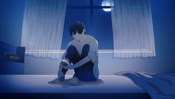 Wallpaper Anime, Sitting, Bed, Boy, Nighttime, Alone, During