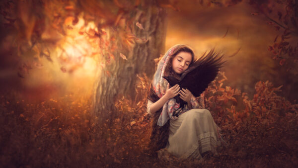 Wallpaper Sitting, Cute, Tree, Bird, Background, Little, With, Lap, Girl