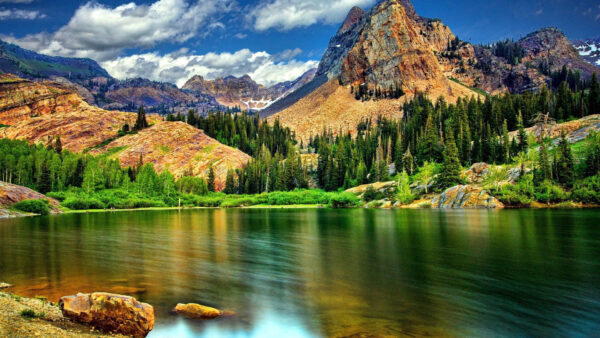 Wallpaper Snow, Between, Cloudy, Rock, Under, Covered, Desktop, Nature, Green, River, View, Landscape, Sky, Trees, Mountains, And