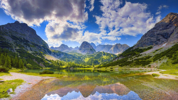 Wallpaper Water, Reflection, And, Trees, Body, Blue, Clouds, Calm, Under, Green, River, Between, Nature, White, Mountains, Sky