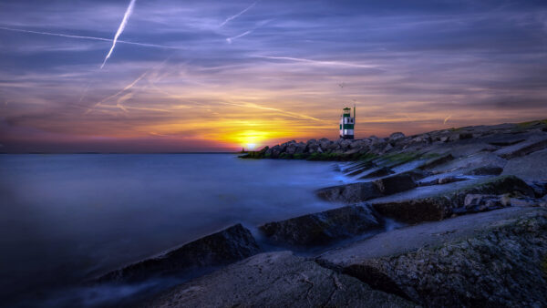 Wallpaper Mobile, Desktop, Landscape, Beautiful, Nature, Ocean, View, During, Rocks, Sunset, Lighthouse