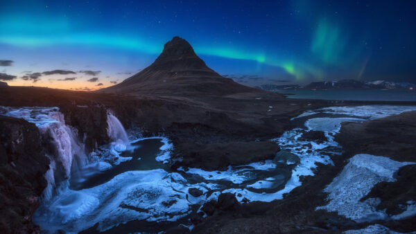 Wallpaper Blue, Frozen, Sky, Rock, Borealis, Nature, Water, Under, Mountains, Sunset, River, Aurora, During