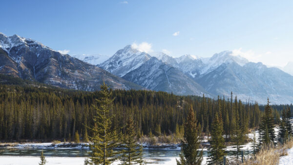 Wallpaper Trees, Mobile, View, Frozen, Forest, Background, Nature, Blue, Mountains, Desktop, White, Landscape, Sky, Covered, River, Green