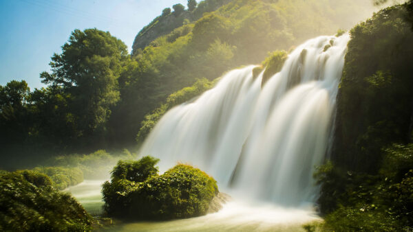 Wallpaper Waterfalls, Between, Plants, Green, Stream, During, Daytime, Trees, Nature, Bushes