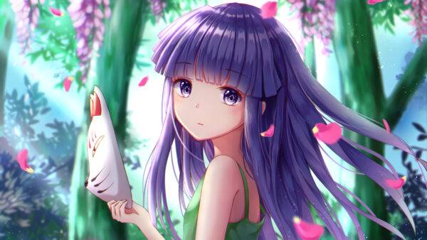 Wallpaper Girl, Purple, Anime, Mask, With, Background, Nature, Hair