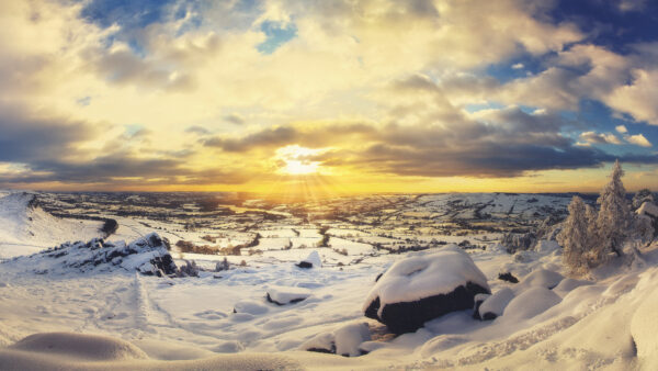 Wallpaper Desktop, Blue, Under, White, Clouds, Snow, Background, Winter, Sky, Trees, Mobile, Stones, Covered, Land