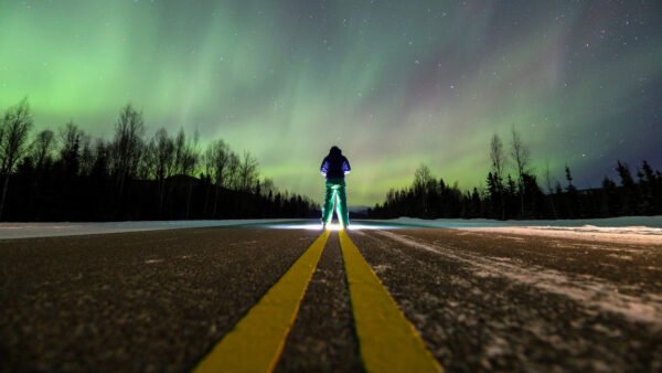 Wallpaper Standing, Aurora, Alone, Man, Road, Under, Sky, Silhouette, Background