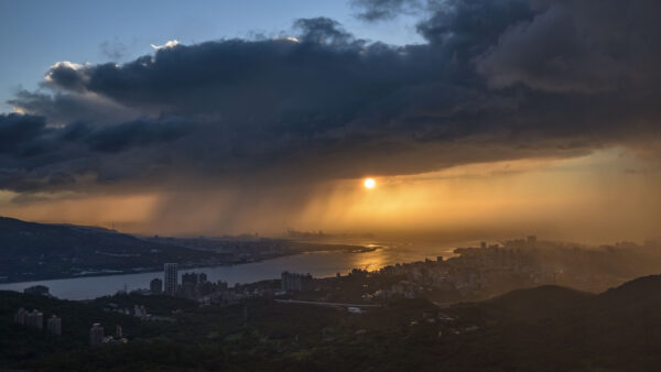 Wallpaper Under, Buildings, River, View, Sunset, Black, Sky, Aerial, During, Clouds, City, Blue, Nature